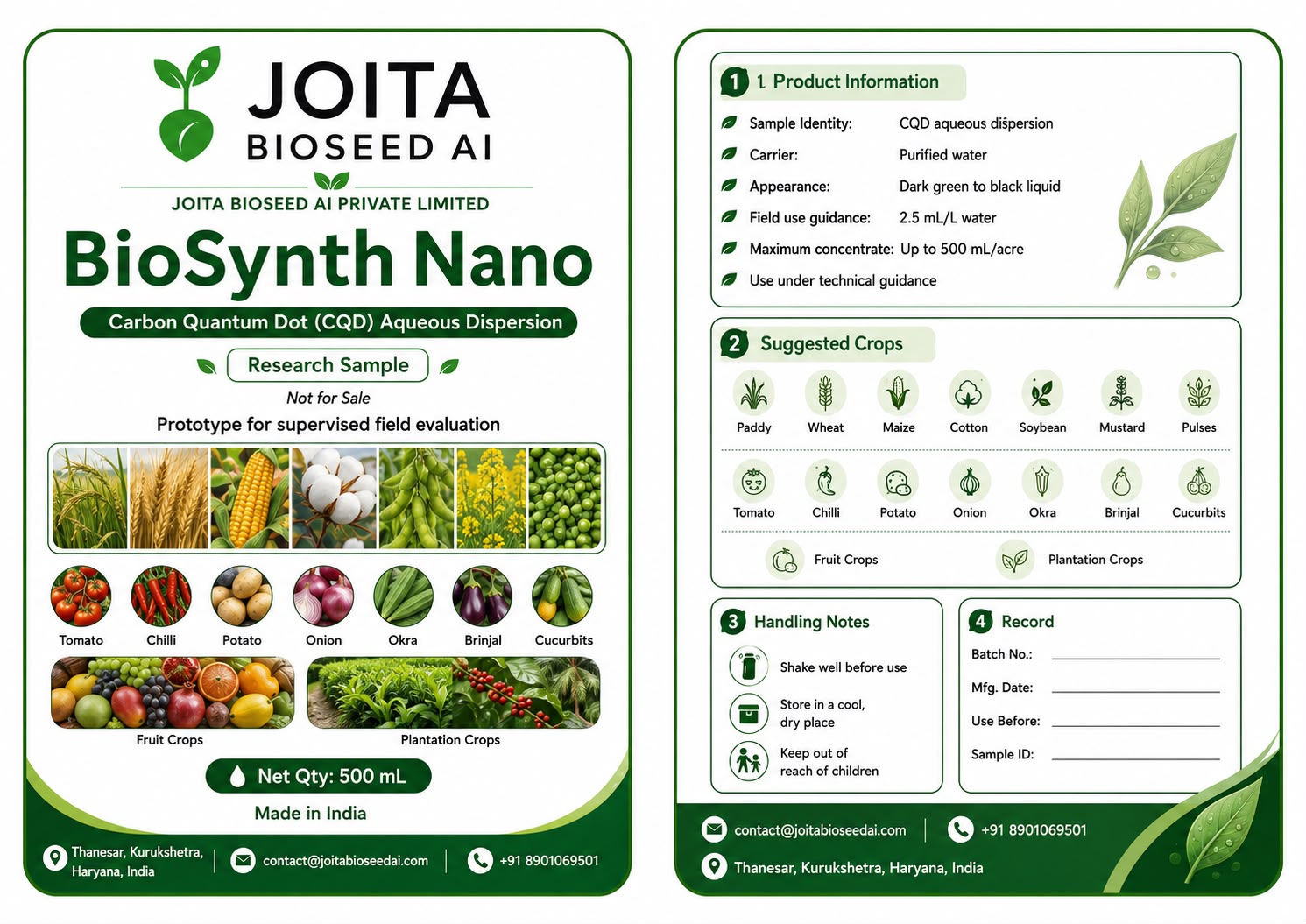 BioSynth Nano research sample label with crop groups and handling guidance
